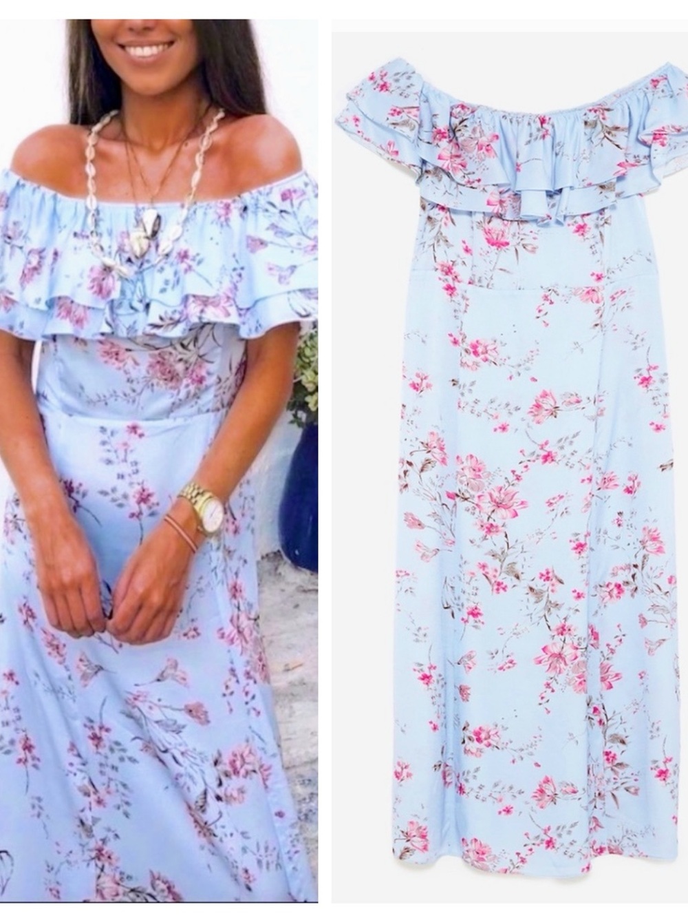 ZARA ruffled floral satin look dress